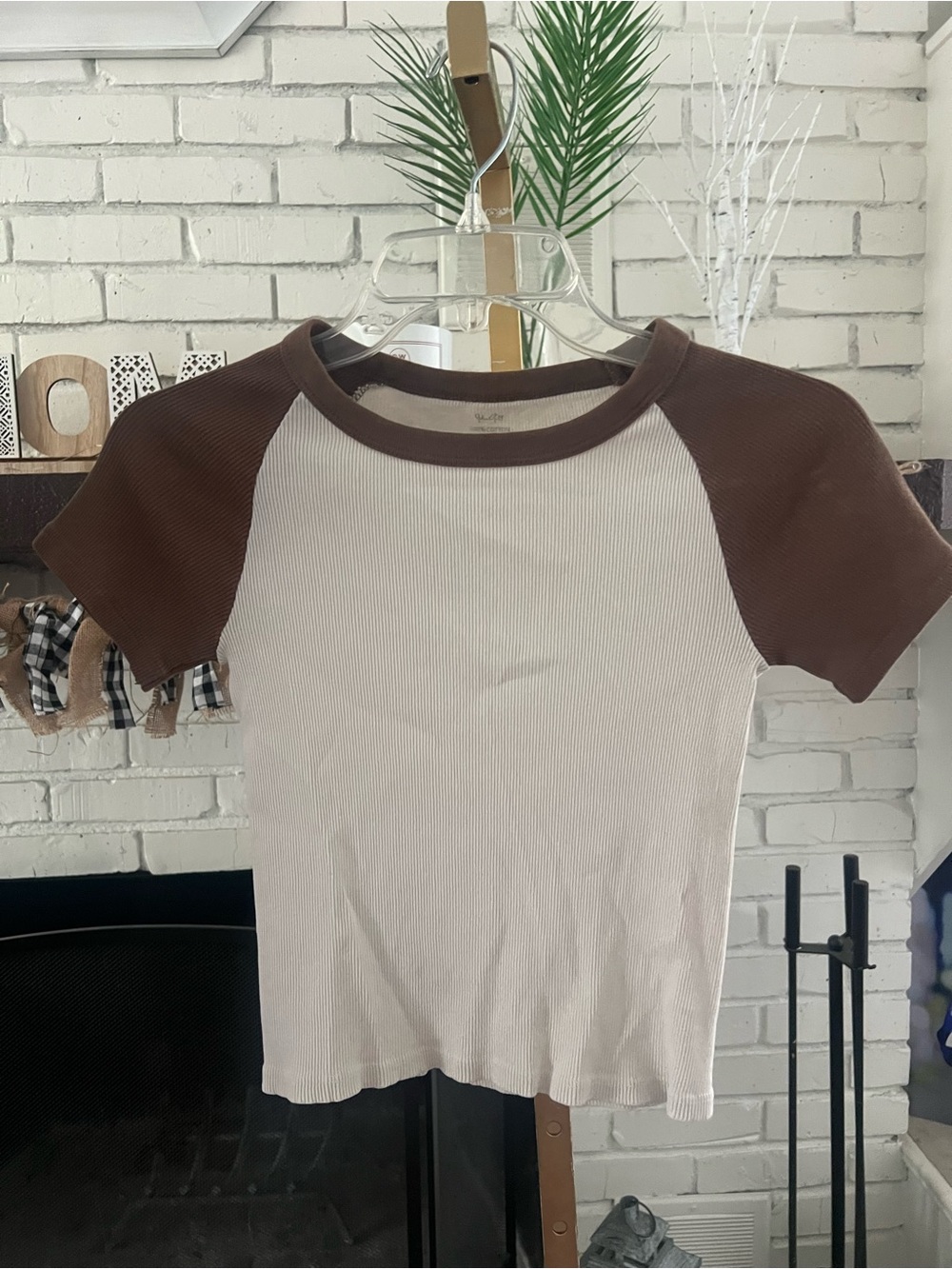 John Galt Cream Tee with Brown Raglan Sleeves